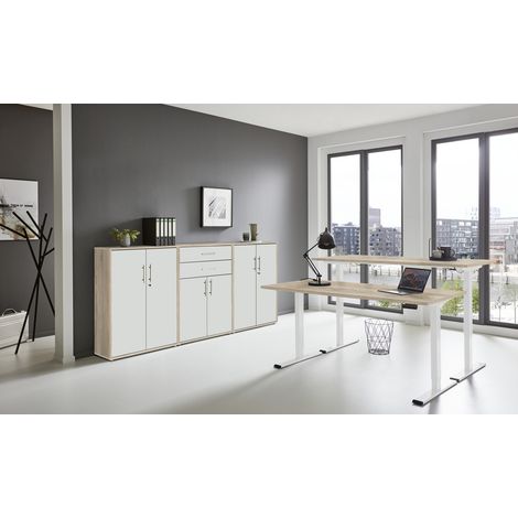 BMG Möbel Büromöbel-Set, e-Office Edition Set 15, Schreibtisch höhenverstellbar, 138 cm, Eiche Sonoma / weiß matt