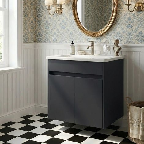 Vitra S50+ Wall Hung 2-Door Vanity Unit with Basin 600mm Wide - Anthracite High Gloss