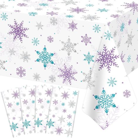 4er Set Tischdecken Schneeflocken 130x220cm Blau Lila für Weihnachten & Winterpartys