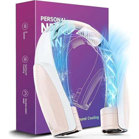 Ventilateur Portable de Cou, Batterie USB 8000mAh, 6 Vitesses Ventilateur de Cou Rechargeable, Collier Ventilateurs Nuque Personnel Refroidisseur pour Bureau Voiture Camping Exterieur, Blanc (1/5)