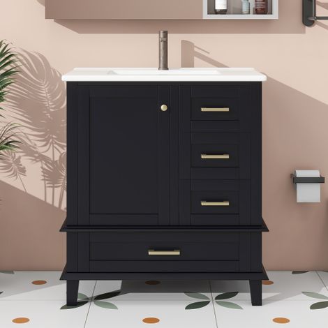 Waschbeckenunterschrank mit Keramikwaschbecken und Schubladen, Schwarz, 73x45,5x83,5 cm