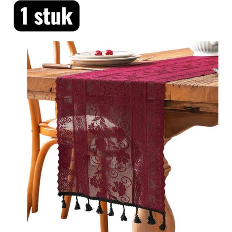 Chemin de table en dentelle avec pompons dimensions 30 x 260 cm pour table à manger et table basse décoration élégante couleur rouge 1 pièce (1/5)