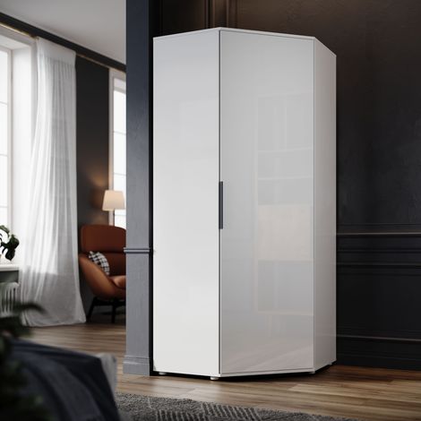 ELEGANT Wardrobe Single Door 800 x 800 x 1860 mm High Gloss Corner Wardrobe White Bedroom Stoarge Furniture with Shelves, Hanging Rails