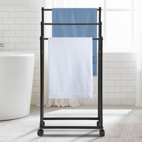 Porte serviettes sur pied 3 niveaux avec roulettes pivotantes, 44,5 x 21,5 x 66/76/86 cm, acier au carbone, pour Serviettes de Bain et à Main (1/5)