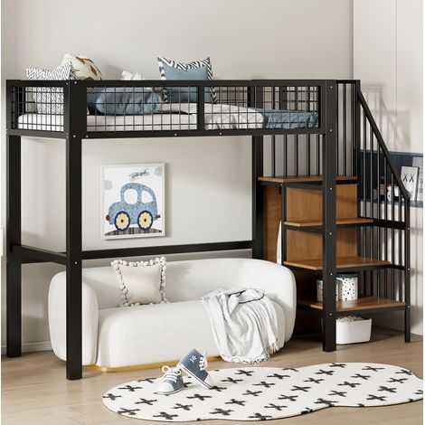 Cama alta 90x200 cm negra de metal con escalera y armario integrado (1/5)