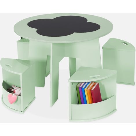 Mesa con pizarra y 4 sillas con almacenaje para niños
