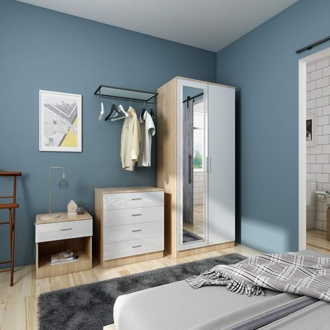 ELEGANT White Gloss Home Closet 2 Door Wardrobe with mirror and 4 Drawer Chest and Bedside Cabinet, Furniture Set for Bedroom Storage, White on Oak (1/5)