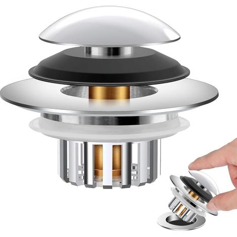 Bonde de lavabo Pop Up 3 en 1 avec panier filtrant en acier inoxydable - Bouchon de lavabo pour lavabo de 37 à 50 mm - Cœur à billes en laiton - Chromé (1/5)