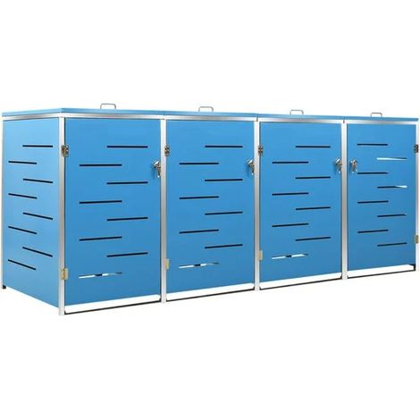 Un abri pouvant accueillir quatre poubelles, mesurant 276,5 x 77,5 x 112,5 cm, en acier inoxydable. (1/5)