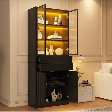 Vetrina LED in vetro 70 x 34 x 180 cm, 2 cassetti, nero, REDOM (1/5)
