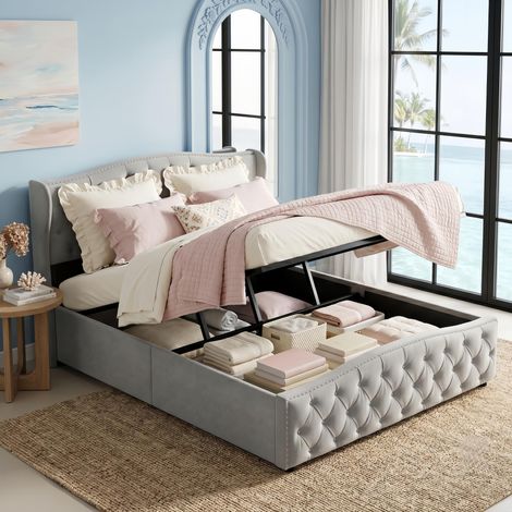 Lit Coffre double 140x190 cm velours, lit capitonné boutonné design rivets, Sommier à Lattes, Rangement Intégré, Scandinave, Gris (1/5)