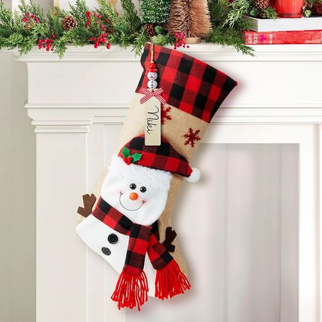 Chaussettes de Noël avec étiquette personnalisée, 45 cm, motif bonhomme de neige, en toile de jute à carreaux, décorations de Noël, cadeaux pour (1/5)