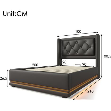 Lit coffre hydraulique 90x200 cm noir, sommier avec tête de lit rembourrée et chargeur USB-C, éclairage LED sur 3 côtés, cadre en PU, sans matelas (1/4)