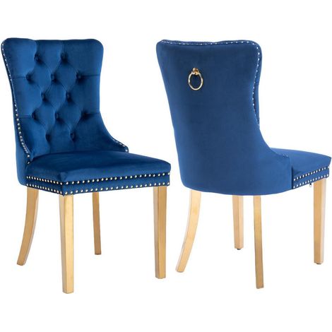 Lot de 2 chaises de salle à manger en velours bleu, pieds dorés, capitonnées (1/5)