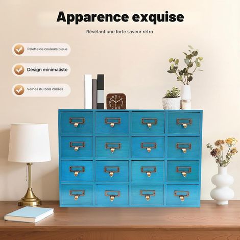 Armoire de rangement à 16 tiroirs en bois avec poignées en métal - Bleu vintage - Avec plateau de table - Pour bureau, maison, bijoux, herbes, petits objets (1/5)
