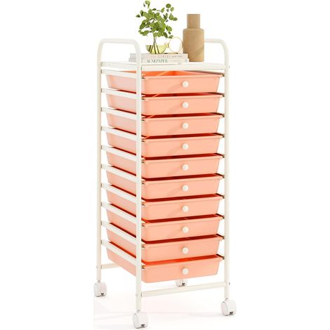COSTWAY Carrello con 10 Cassetti da Stoccaggio, Cassettiera di Metallo e Plastica, Contenitore Multiuso con Ruote a Freno, per Casa e Ufficio (Arancia) (1/5)