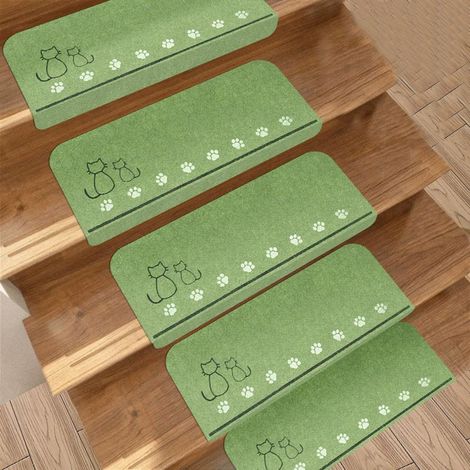 Tapis d'escalier antidérapant pour marches d'escalier en Bois et Verre, Lavable et Amovible (14 pièces, 55 x 22 cm, Vert) (1/5)