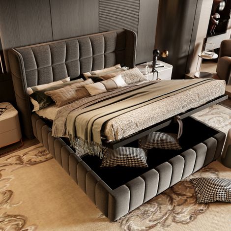Letto imbottito 180 x 200 cm, letto matrimoniale con rete a doghe, testiera, letto con sistema di contenimento pneumatico, biancheria da letto in lino, struttura adatta ad adulti e ragazzi, grigio (1/5)