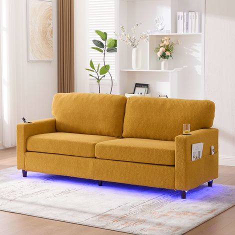 Sofa 2-Sitzer aus Chenille in Senfgelb 203 cm mit USB-C, dimmbarer LED-Beleuchtung und Getränkehaltern