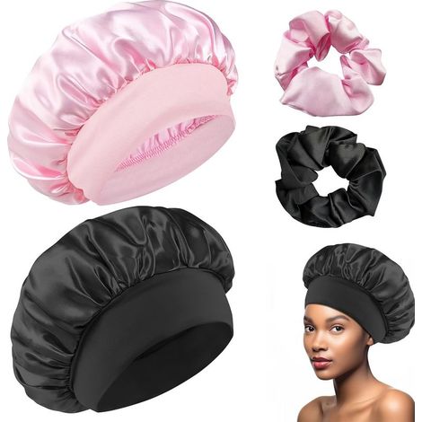 2-teiliges Satin-Nachthauben-Set mit elastischen Bändern zum Schutz der Haare, weiche Seiden-Schlafhaube, Rosa + Schwarz (1/5)