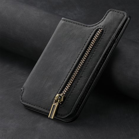 Coque de téléphone rétro en cuir PU, avec poche porte-cartes, portefeuille à fermeture éclair, béquille, support de bureau universel pour smartphones (1/5)