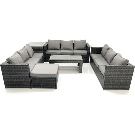 Fimous Outdoor Garden Furniture Set 10 Seater Rattan Sofa Set with Coffee Table Big Footstool Side Table Dark Grey Mixed (1/5)