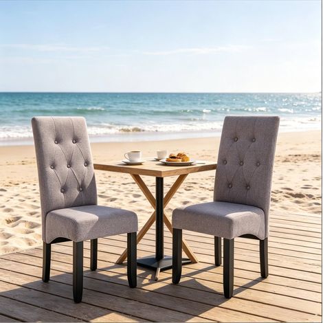 Lote de 2 sillas de comedor de lino, respaldo alto, patas de madera, gris claro (1/5)
