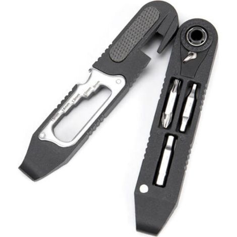 Outil multifonction 16 en 1 pour vélos avec cliquet, démonte-pneu et mini kit de réparation pour chambres à air et crevaisons.