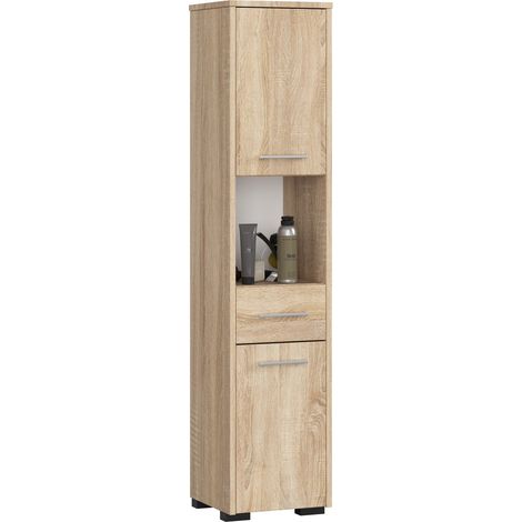 Colonne salle de bains 30 cm – 2 portes – 1 tiroir – 5 étagères – Chêne Sonoma – Hauteur 140 cm – Panneau stratifié – Abamihome
