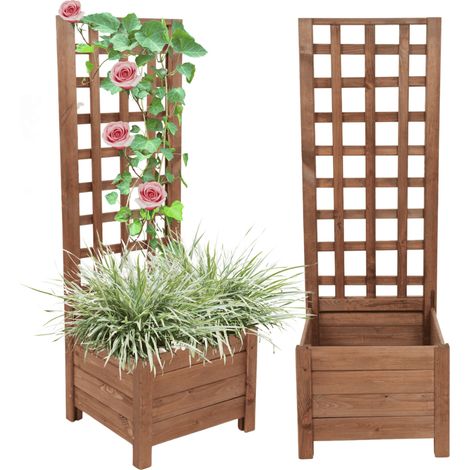 MODO24 Jardinière avec treillis bois de pin, sur pieds, bac à fleurs 116x40x40 cm, jardin/balcon/terrasse, marron imprégné