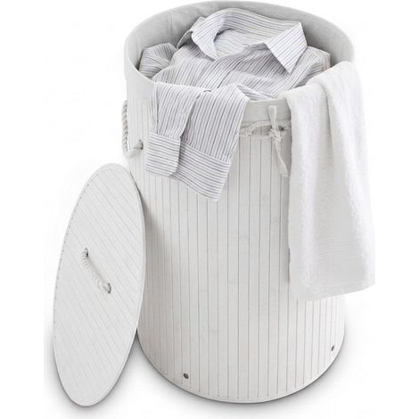Relaxdays Folding Round Laundry Basket, 41 cm Diameter, 65 cm Tall, Foldable, Volume of 80 L, with Cotton Laundry Sack, White