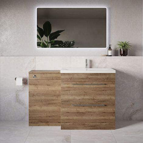 Napoli 390 Tobacco Oak 1300mm 2 Drawer Vanity Unit Toilet Suite with Glide Basin - 1300mm - Chrome 480mm HandleWithout Kingston Toilet Pan