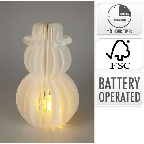 Pupazzo di neve decorativo in carta con LED, altezza 39 cm, colore bianco