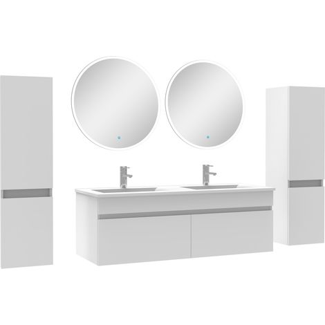 Ensemble meubles Salle de Bain double vasque 120cm, colonnex2 + miroir rond Blanc (1/5)