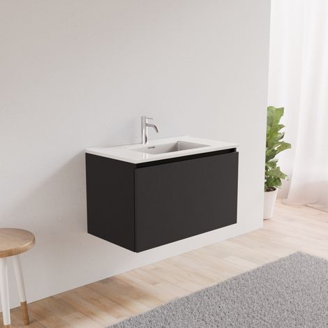 Inda - Badezimmerschrank mit 1 Schublade L.80 und abgerundetem Waschbecken – Schwarzer Ledereffekt (1/5)