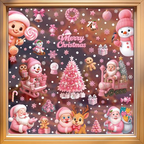 Décorations de fenêtre roses sur le thème de Noël pour chambre à coucher, décorations de fenêtre mignonnes avec des motifs de dessins animés pour chambre d'enfant, autocollants statiques pour vitres -