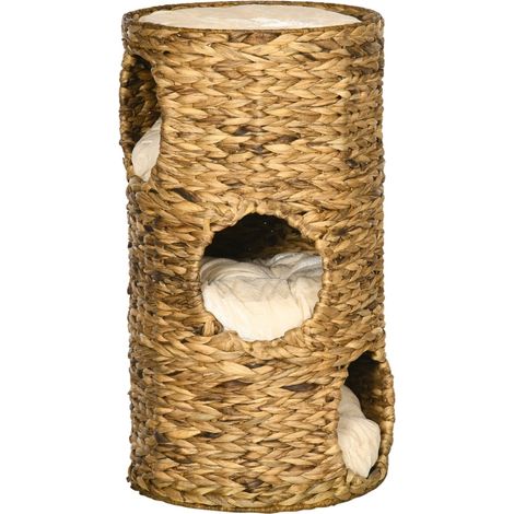 Arbre à chat 3 niveaux en osier d'eau naturel, avec coussins, Ø40 x 73 cm, beige clair et crème (1/5)