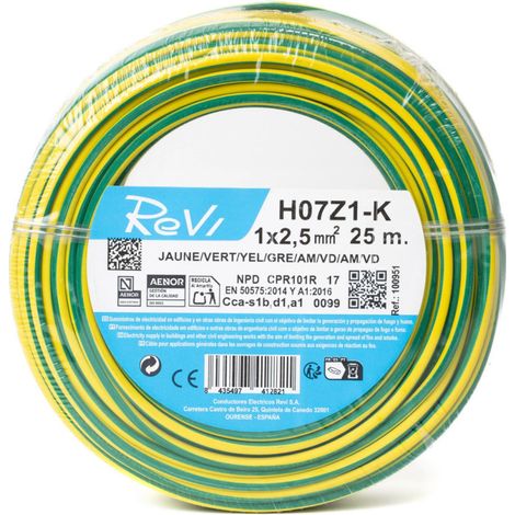Cable Electrico Libre Halogenos 2,5 mm2 Verde/Amarillo 25 m  Hilo PVC H07Z1-K  Cable para Electricidad (1/5)