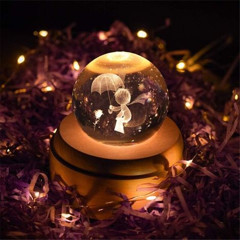 Boîte à musique rotative 3D en bois – Boule de cristal 7 cm – Projections lumineuses LED – Décoration Petit Prince Lune (1/2)