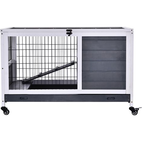 Wooden Guinea Pig Hutch, 2Floor Bunny Cage w/ Enclosed Run Area, Grey (1/5)