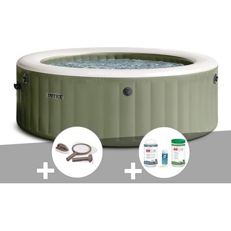 Kit spa gonflable Intex PureSpa Olive rond Bulles 4 places + Porte-verre + Kit de traitement brome