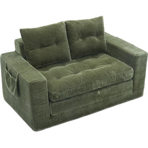 Canapé convertible 2 places en velours côtelé vert avec poches latérales et porte-gobelet, sofa-lit gain de place pour salon, chambre ou bureau CHICFURN (1/5)