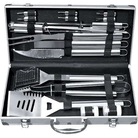 Set di 18 accessori per barbecue da esterno realizzati in acciaio inossidabile di alta qualità, borsa per il trasporto in alluminio, foderata in tessuto (1/3)
