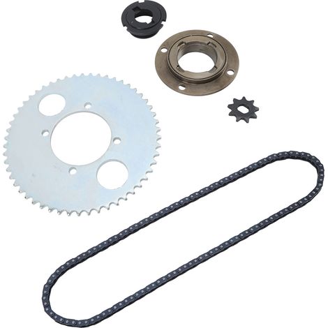 Kit chaîne T8F en acier, 116 maillons, roue libre sans dents, connecteur de plateau 54T, pignon 9T, kit de montage pour vélo/scooter à monter soi-même (1/5)