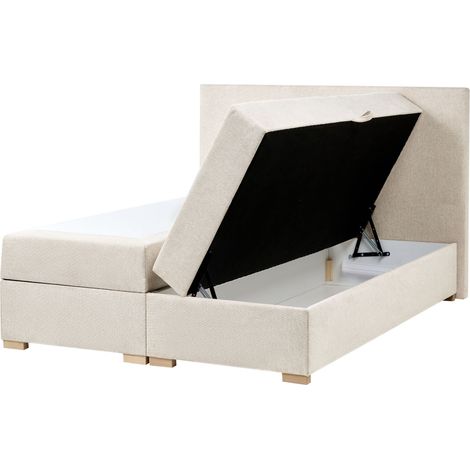 Lit Divan Double avec Rangement Relevable Tapissé Tissu 140 x 200 cm avec Tête de Lit Beige Clair Major (1/5)