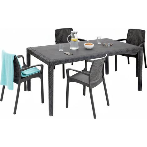 Dmora - Set salotto da esterno Lograto, Salottino outdoor e indoor, Tavolo rettangolare fisso con 4 sedie impilabili, Made in Italy, Antracite
