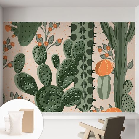 Papier peint intissé mural avec imprimé motifs décoratifs - style contemporain - Colle incluse gratuite Cactus verts 152x104 cm (1/5)