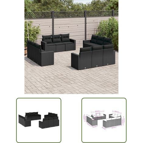 The Living Store Salon de jardin 12 pcs avec coussins noir résine tressée - Salon De Jardin - Mobilier De Jardin - Salon Extérieur - Ensemble Canapé Jardin - Set De Salon De Jardin (1/3)