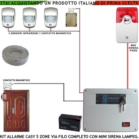 Kit Impianto Antifurto Casy Centrale a 5 Zone 3 Sensori di Movimento Infrarossi 2 Contatti Magnetici Mini Sirena Lampegggiante Esterna 2 Chiavi Metallo Doppio Profilo Cavo 2+4 100 MT Batteria 12V 7 Ah (1/4)