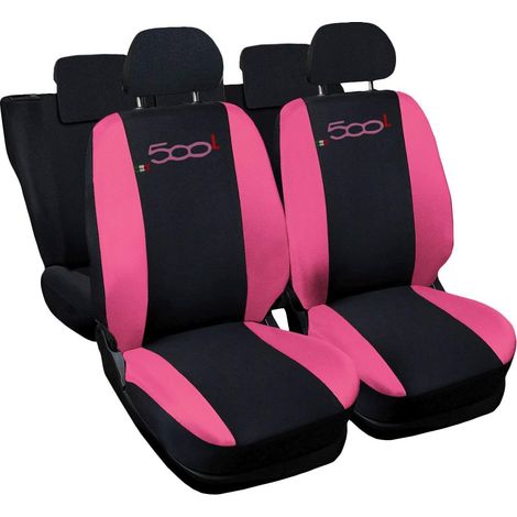 Lupex shop - Coprisedili Auto Compatibili per 500L, Made In Italy, set di copri sedili anteriori e posteriori con copri poggiatesta incluso, tessuto poliestere, Nero - Rosa